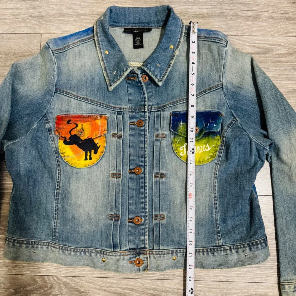 Upcycled Venezia Denim Jacket Hand Painted Taurus‎ Sun Moon Celestial Art 18-20